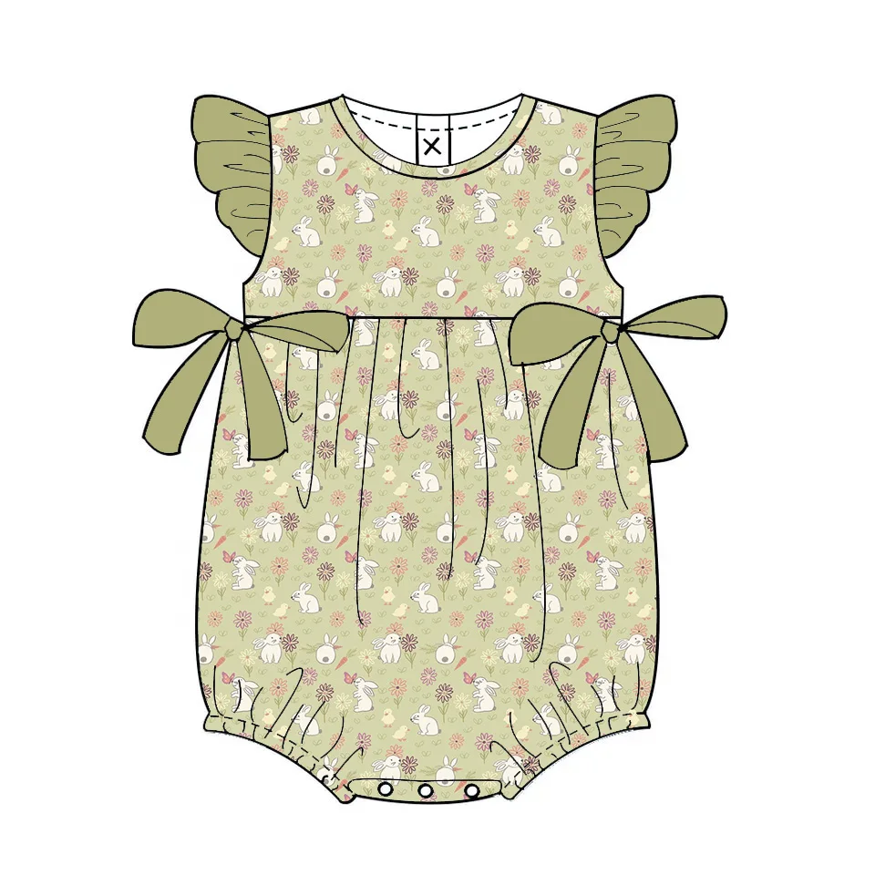 

Kids Easter jumpsuit with flutter sleeves bow embellishment and bunny and egg print milk silk fabric Custom-made