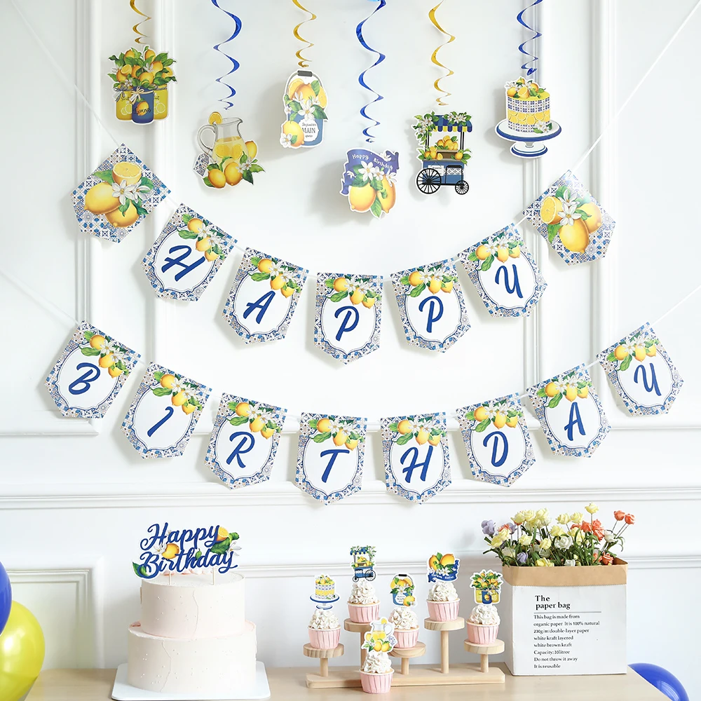 Lemon Party Decoration Lemon Happy Birthday Banner Hanging Swirl Cupcake Insert Bridal Baby Shower Fruit Theme Party Supplies