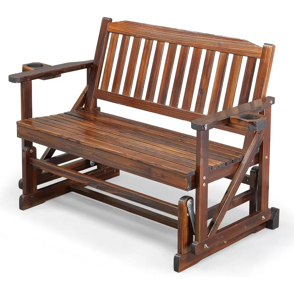 

2-Person Patio Glider Bench with Cup Holders, Rustic Outdoor Rocking Loveseat for Garden Porch