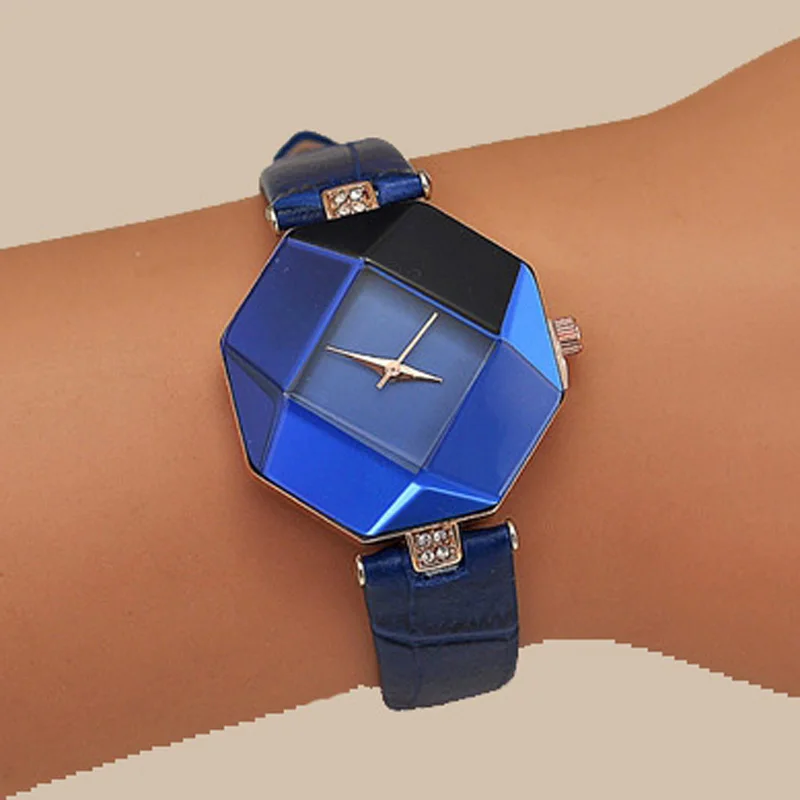 

Relogio Feminino Fashion Exquisit Gem Cut Geometry Watch Women Blue Watches Leather Band Analog Quartz Wristwatches Ladies