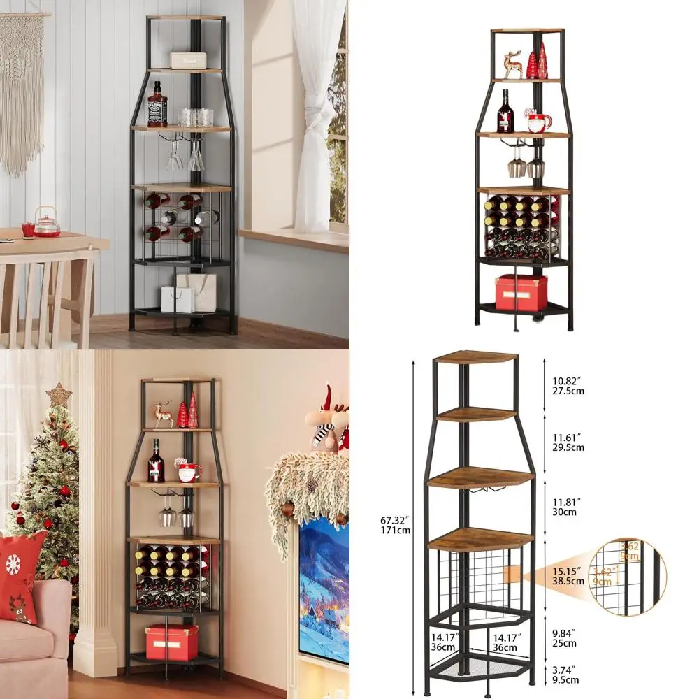 

Floorstanding 5-Tier Corner Wine Rack with Glass Holder, Metal and Wood, for Home Kitchen and Dining Room