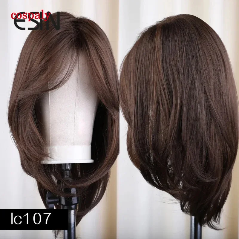 ESIN Synthetic Dark Brown Wig Long Wave Wigs For Women Hair Wig With Bangs Heat Resistant Party Daily Natural Use