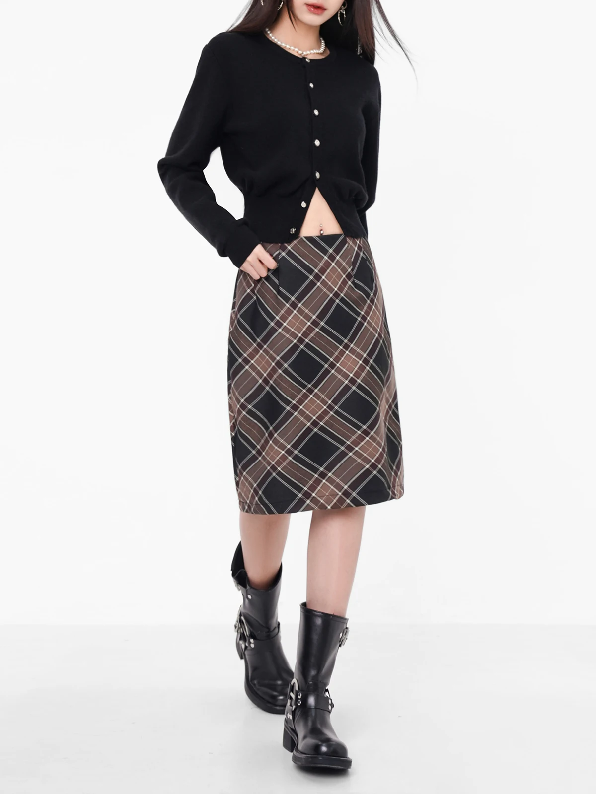 

2024 Women's Autumn New High Waisted Appear Thin Contrasting Colors Plaid Half Skirt A-line American Vintage Wrap Buttocks C860