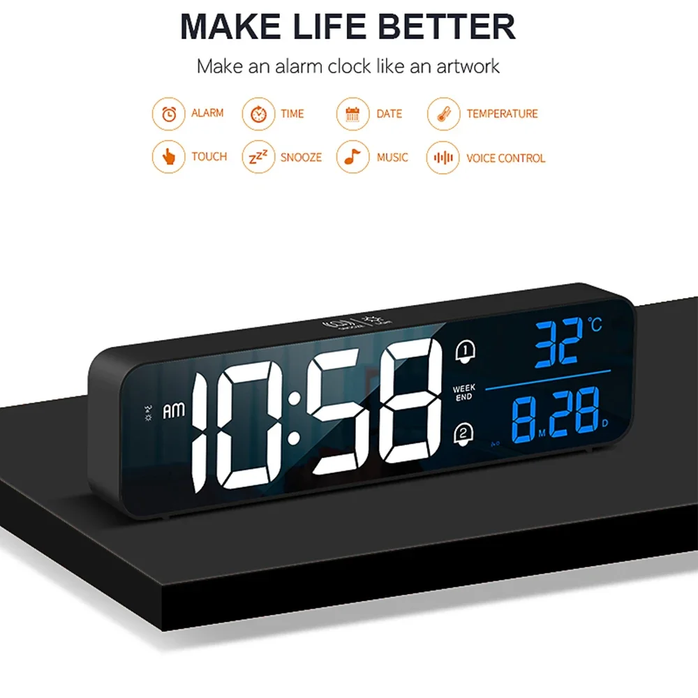 

Digital Alarm Clock Electronic LED Display 2 Alarm Settings Temperature Detect Snooze Clock USB Charging Port for Bedroom Office