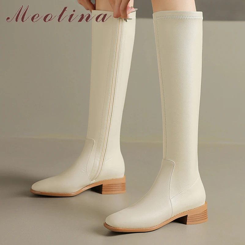 

Meotina Women Genuine Leather Knee High Boots Square Toe Thick Mid Heels Zipper Long Boots Ladies Fashion Shoes Autumn Winter 40