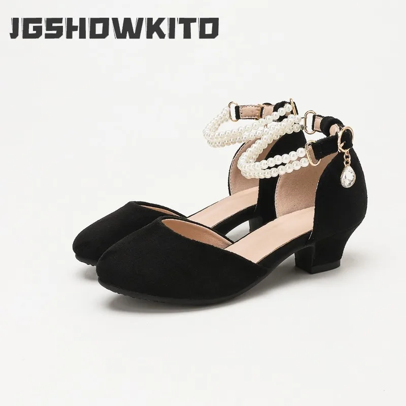 

JGSHOWKITO Girl Low Heel Princess Sandals Pearl Ankle Strap Children Dress Shoes Non-slip Black Suede Kids Wedding Party Sandals
