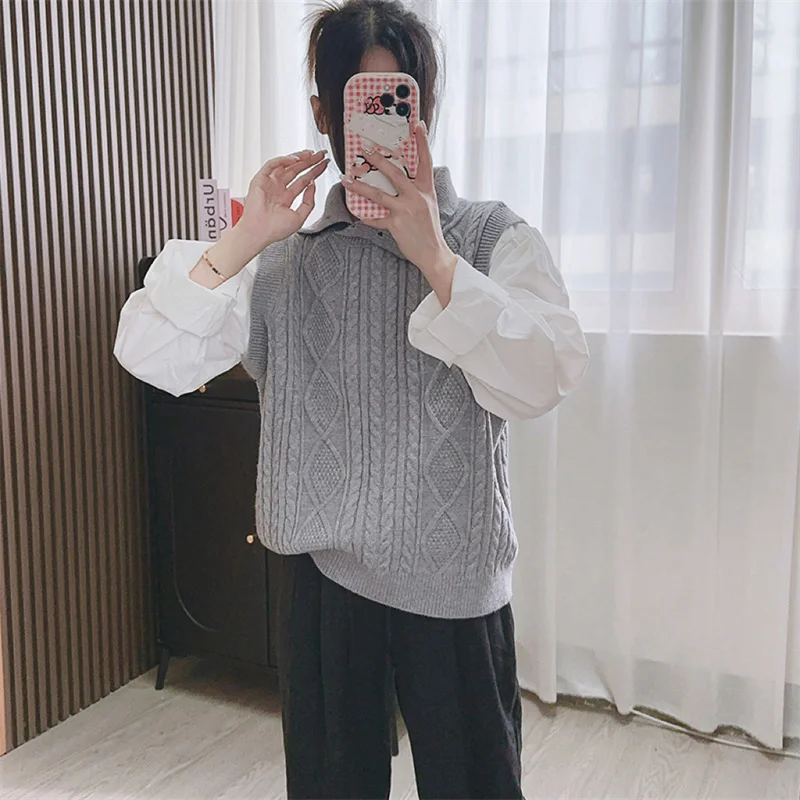 Splicing fake two-piece knitted shirt for women 2024 autumn and winter new fashion pullover loose pullover sweater top