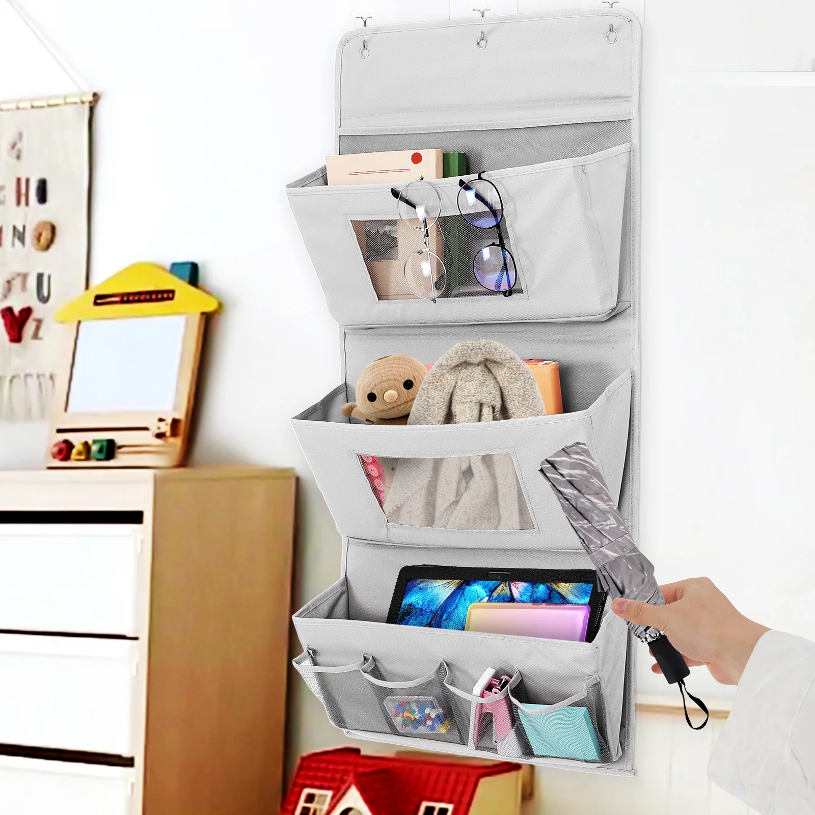 Organizador colgante sobre la puerta, bolsa de almacenamiento de tela, organizador de bolsillos de pared, múltiples bolsillos, fácil de limpiar, ahorro de espacio