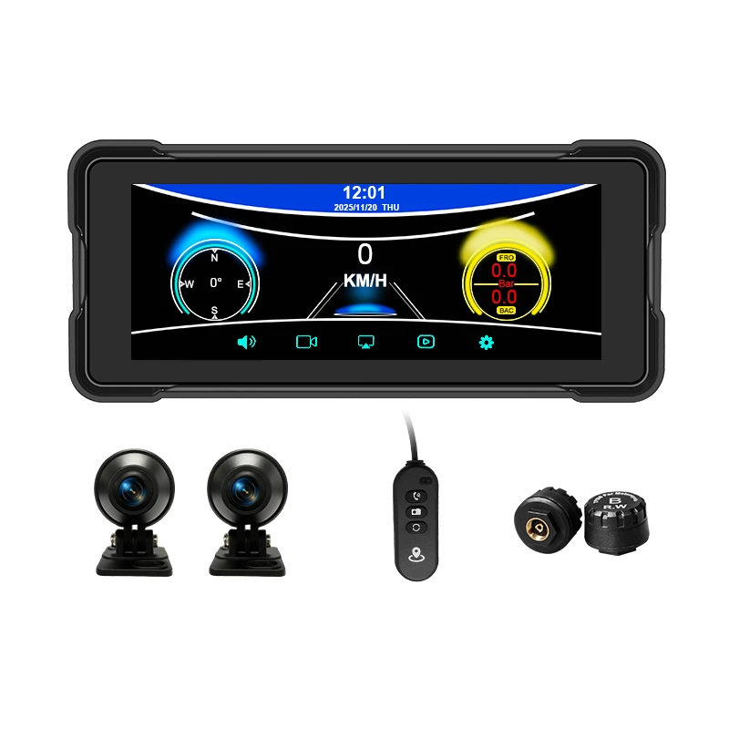 6.86 Inch Touch Screen Motorcycle Wireless Carplay Android Auto Tire Pressure Monitoring Motorbike Recorder with 2 1080P Cameras