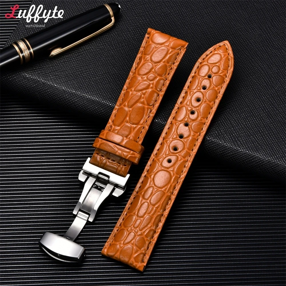 Embossed Leather Strap Watch Band with Automatic Butterfly Clasp Bracelet 18mm 20mm 22mm 24mm Wrist Band Watch Accessories