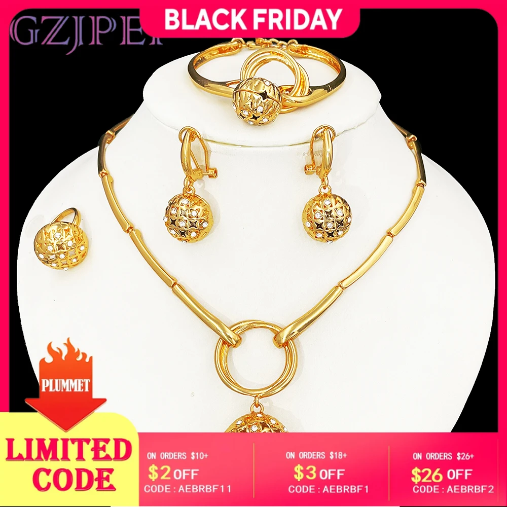 

GZJPEI Dubai 18K Gold Plated Jewelry Set Classic Design Round Beads Earrings Necklace Bracelet Ring Fine Zircon Jewellery Gift
