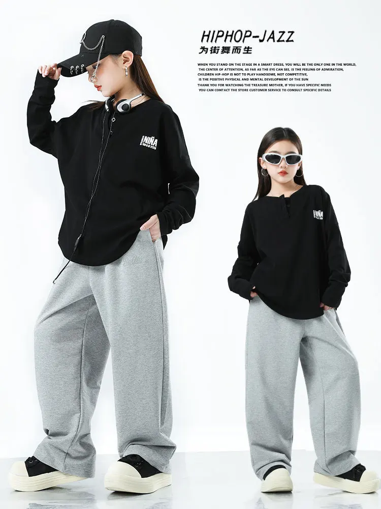 

Kid Hip Hop Clothing White Black Button V Neck Crop Top T Shirt Casual Sweat Parachute Pants for Girl Jazz Dance Costume Clothes