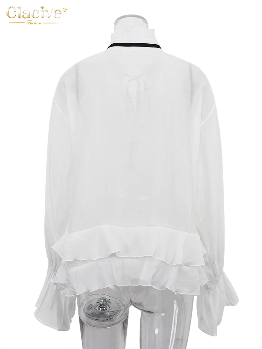 Clacive-camisa blanca holgada de manga larga para mujer, blusa Sexy con cuello de volantes, Top transparente, ropa femenina, 2024