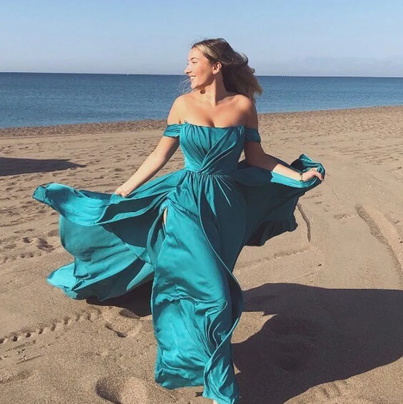 

Turquoise Off The Shoulder Silk Satin Evening Dresses Sexy High Split Long Pageant Party Gowns Robe De Soiree Photography