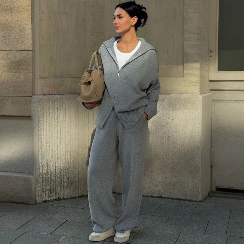 TARUXY Damski Komplet: Rozpinany Sweter i Spodnie z Dzianiny, Jesienny Nowy Modny Zestaw do Pracy, Rozpinany Sweter na Zamek, Spodnie z Szerokimi Nogawkami, Komplet 2-częściowy