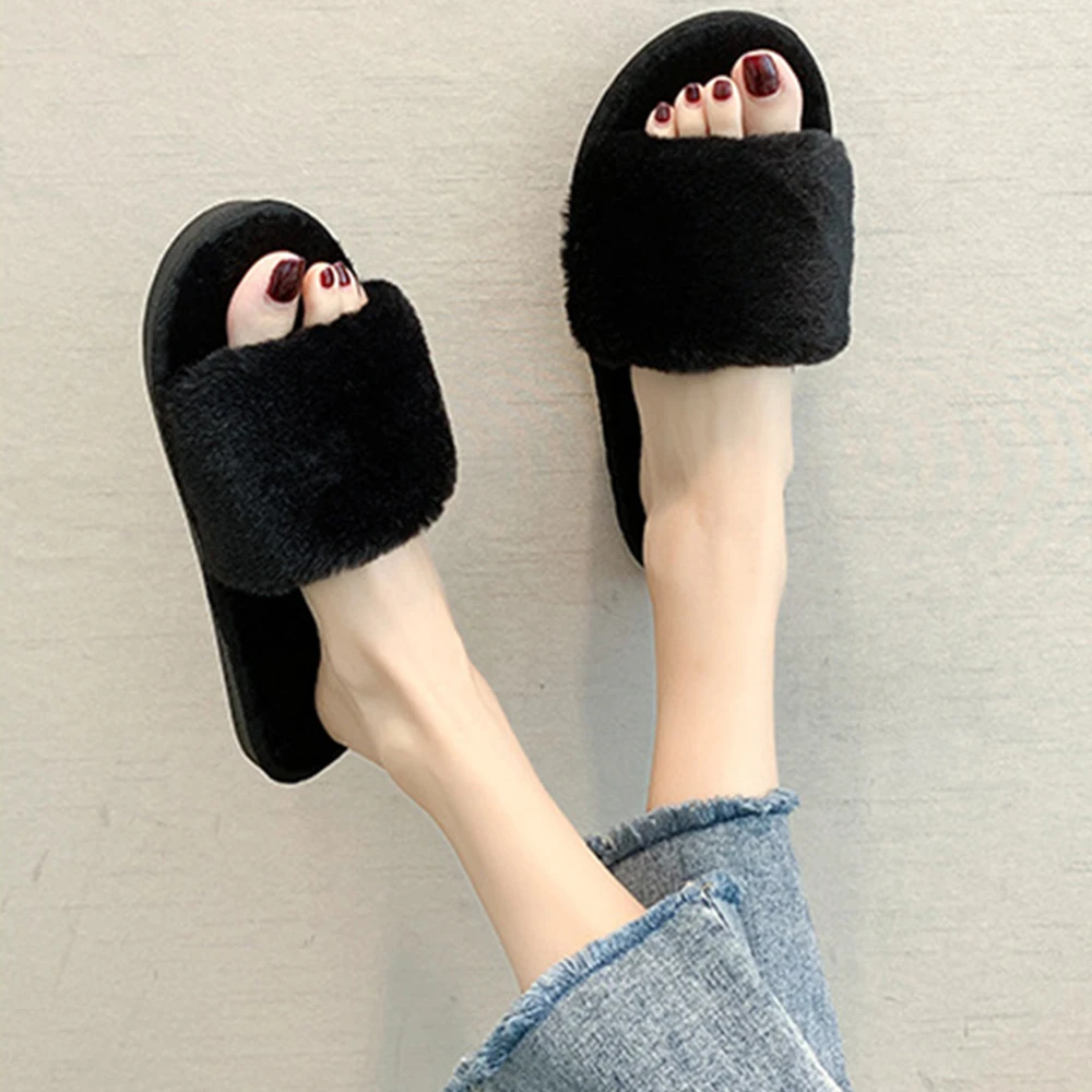 Fashion Plush Furry Women Slippers Winter Plush Fluffy Shallow Mouth Indoor Outdoor Flip-flop Casual Bedroom Slippers Flat Shoes