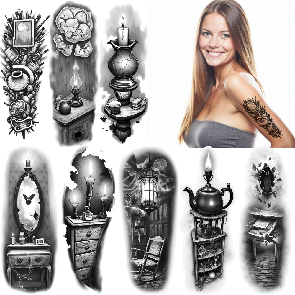 3pcs Temporary Tattoo Lantern Frame Waterproof Long-lasting Body Stickers Teapot Shelf Dragon Candle For Adults Women Arms