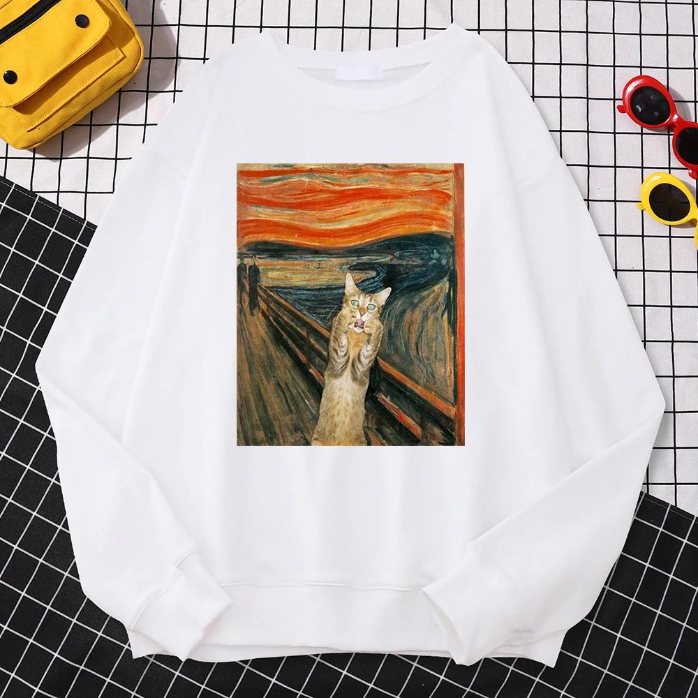 Casual Street Woman Pullover Oil Painting Cat\'S Dusk Print Hoody Comfortable Fleece Sweatshirt Loose Warm Female Sportswears