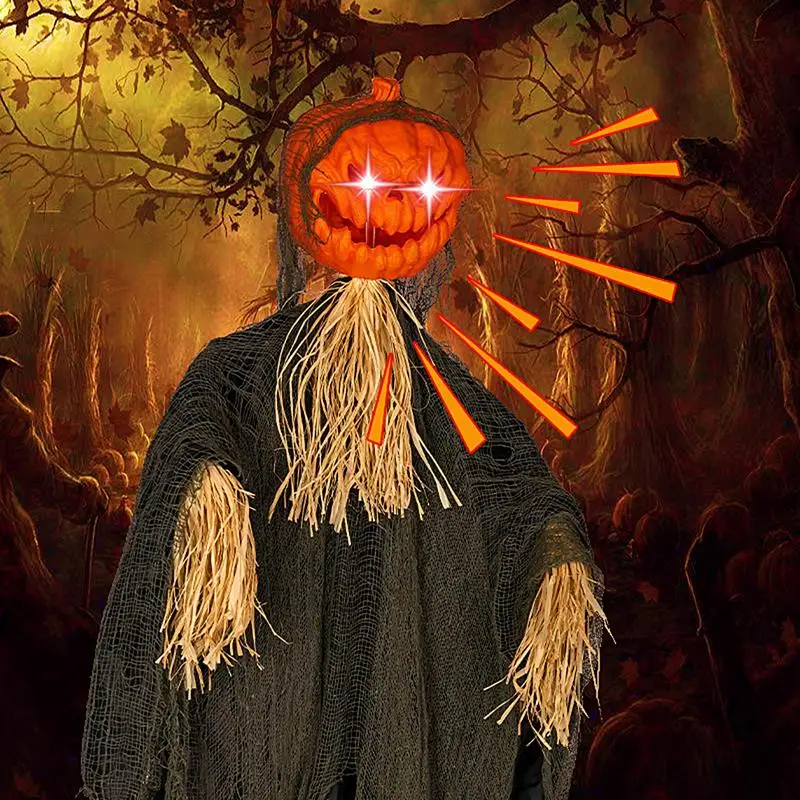 

2023 Halloween Hanging Pumpkin Scarecrow With Glowing Eyes Scary Voice Ghost House Pumpkin Head Props Decoration