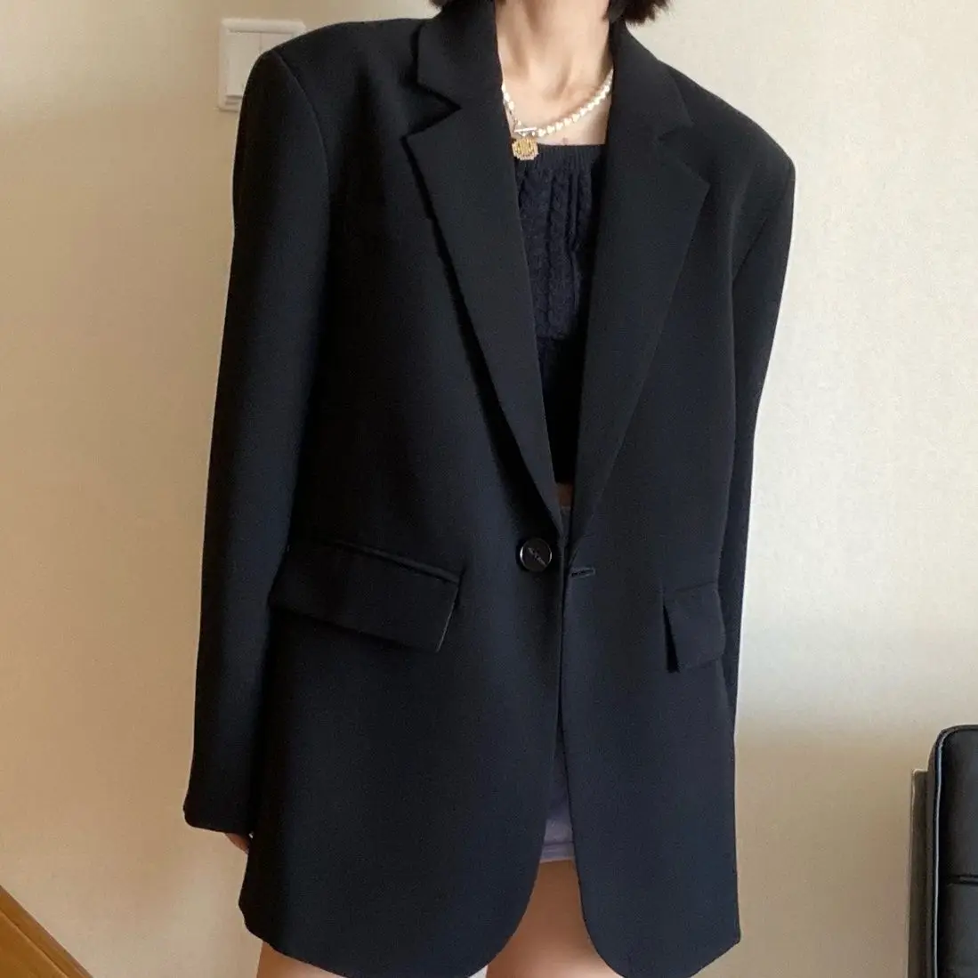 

Office Ladies Black Blazer Jacket Women Streetwear Loose Autumn Coat Korean Vintage Slim Outerwear Single Button College Tops