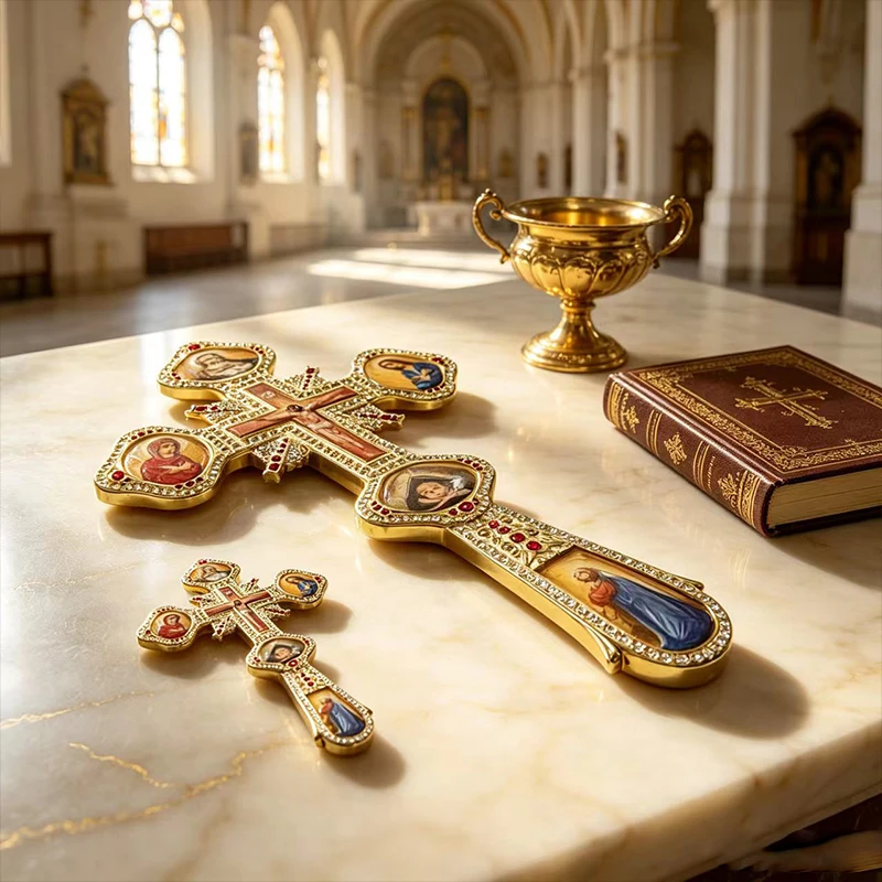 New Gold Orthodox Blessing Cross Icon Jesus Mary Saints Golgotha Holy Pearl Hand Church Liturgical Byzantine Christian Gifts