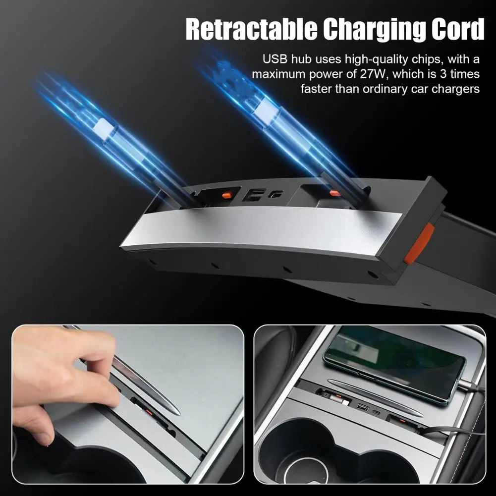 Car Docking Station with 4 Fast Charging Interfaces Retractable Cable 27W Fast Charger Waterproof USB Hub for Tesla Model 3/Y