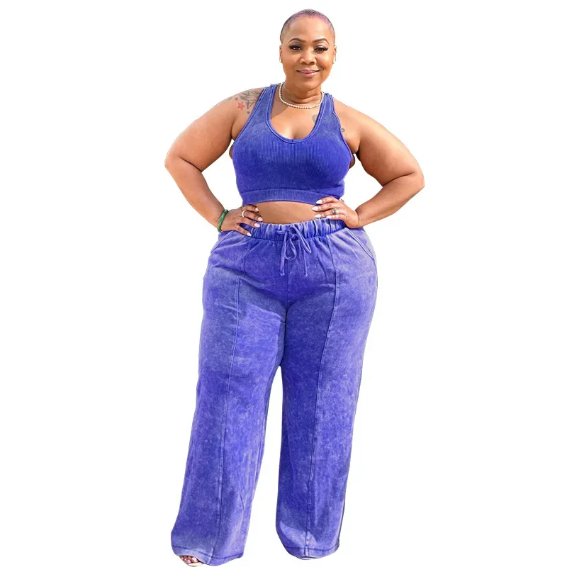 WSFEC L-4XL Plus Size Two Piece Sets Womens Outfits Sleeveless Top and Wide Leg Pant Suits Summer Sport Casual Female Clothing