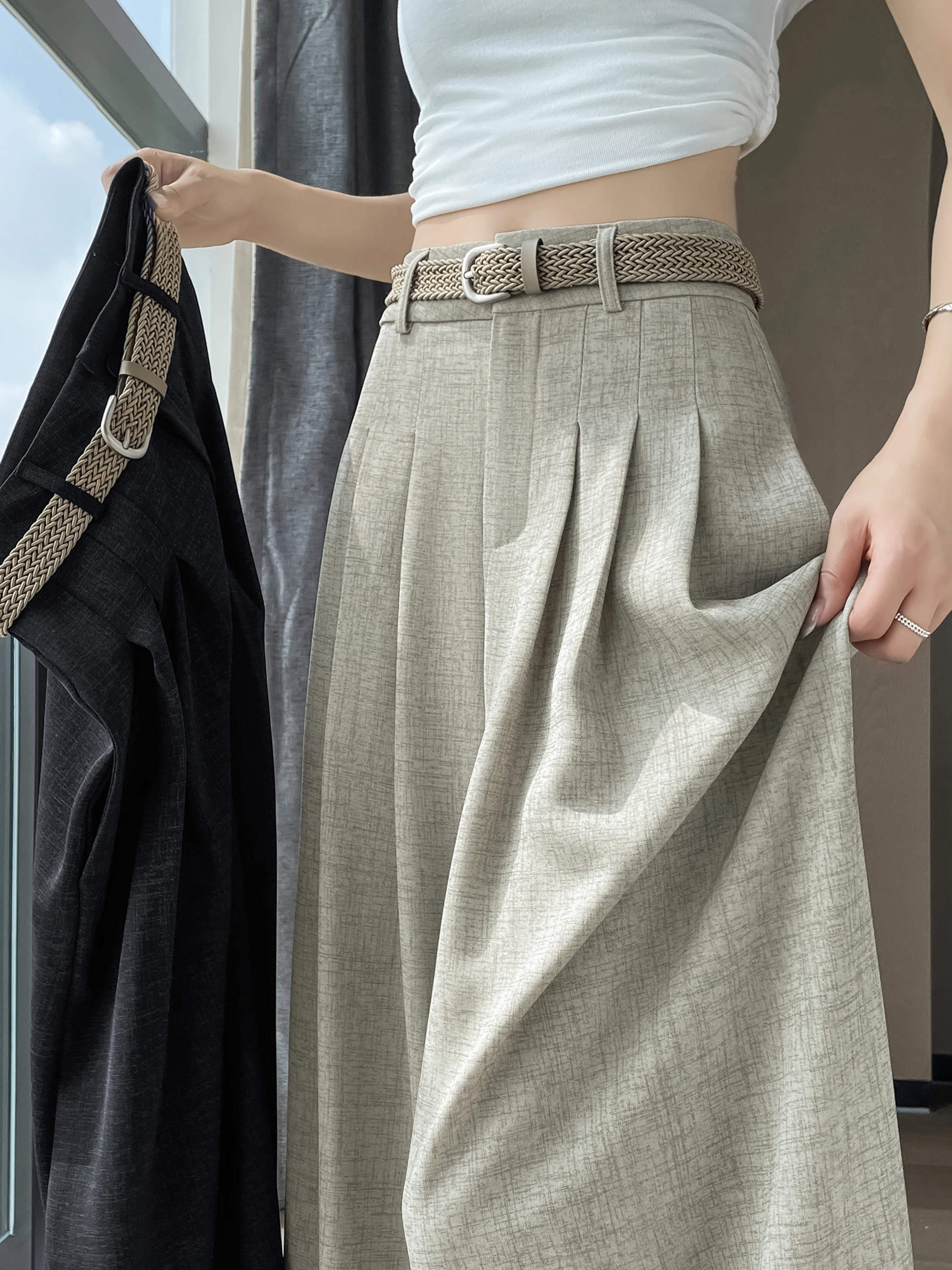 

High Waist Loose Fit Ice Silk Cotton Linen Wide Leg Pants Women's Summer Thin Casual Trousers Skirt Drapey Floor-Length