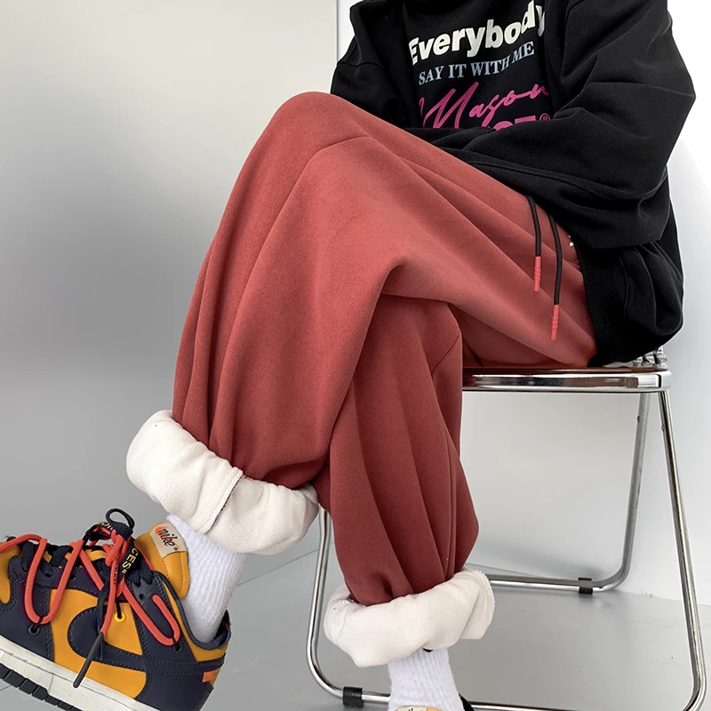 

Мужские брюки на флисовой подкладке, теплые зимние спортивные повседневные брюки свободного кроя, модные брендовые брюки в американском стиле с эластичной резинкой на талии