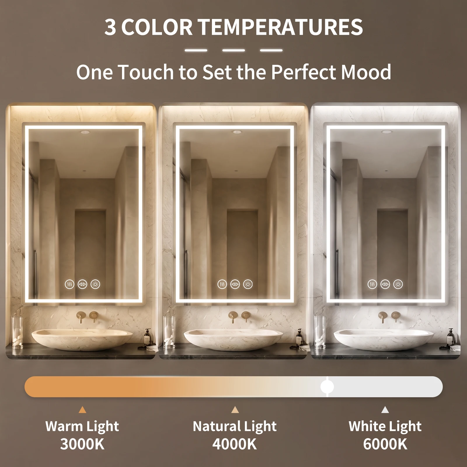 GOUKA LED Bathroom Mirror with Lights Dimmable Anti Fog Touch Control Wall Mounted Vanity Mirror