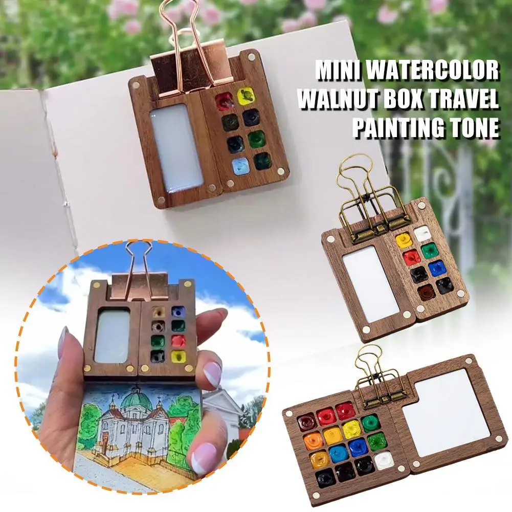 Mini Watercolor Paint Pad Walnut Wood Watercolor Sketchbook Portable Travel Outdoor Painting Art Supplies