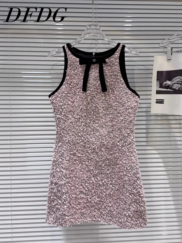 

DFDG женское летнее розовое платье с пайетками, мини-платье без рукавов с черным бантом, милая вечерняя клубная одежда, модное женственное платье 2023 года