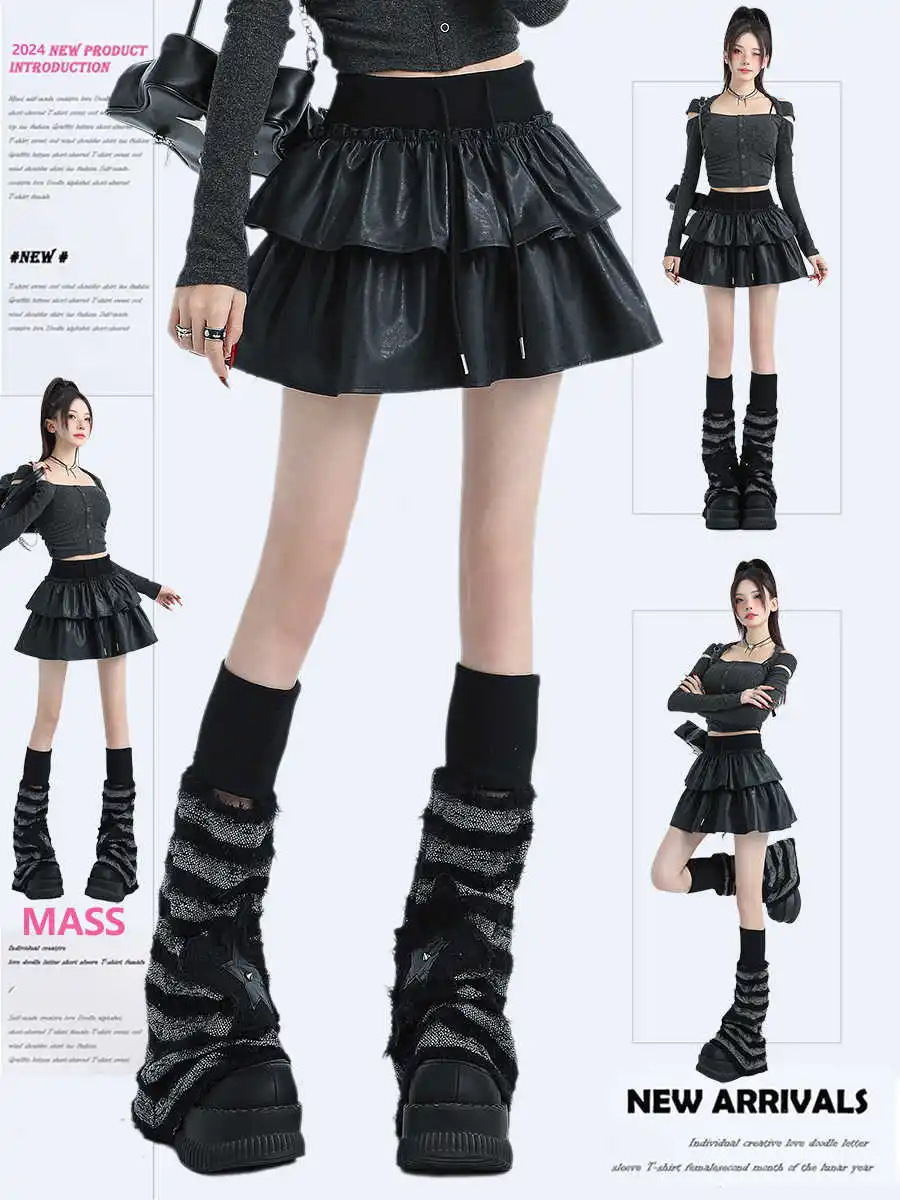 

Осень-зима 2022, женская темная академическая искусственная кожа, Harajuku Kpop, вечерние мини-юбка с рюшами Y2k Coquette Gyaru Cyber Punk, новинка
