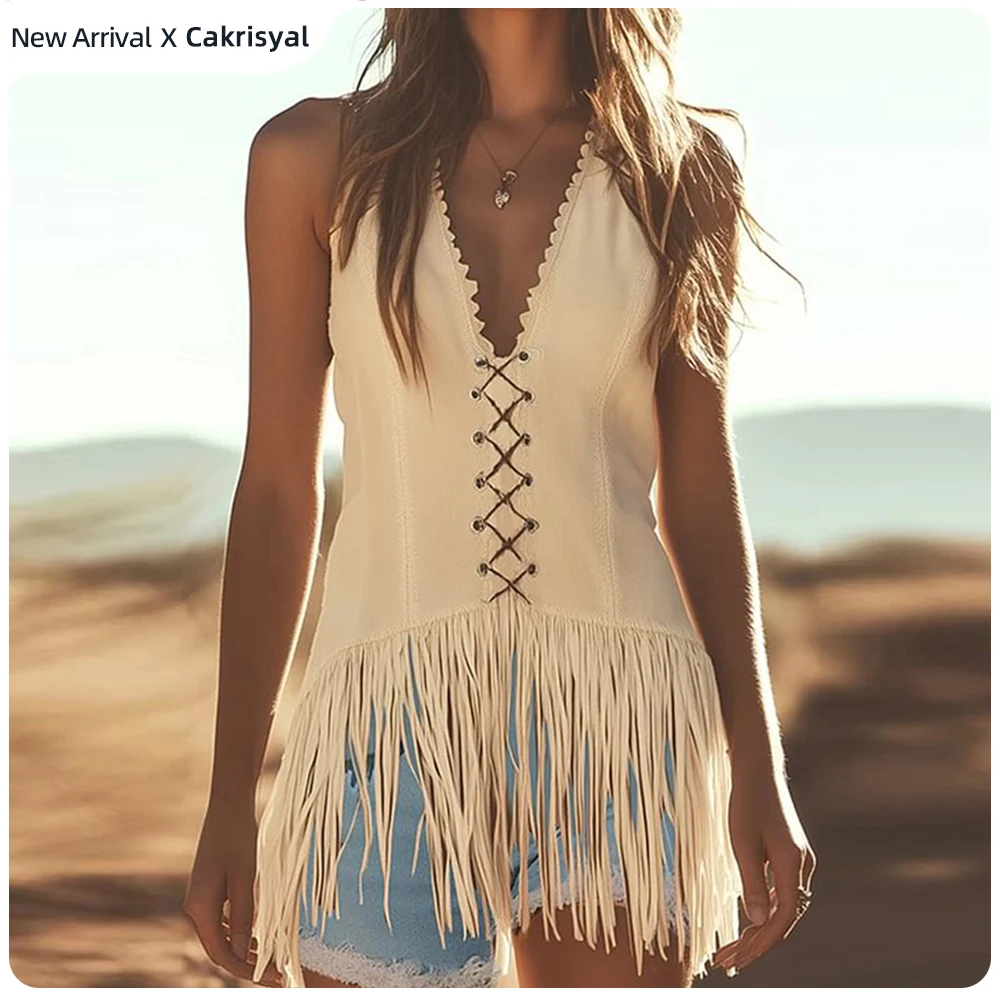 Women's Boho Faux Suede Tank Top T-Shirt Retro Casual Deep V-Neck Fringe Hem Western Slim Fit Vest Vacation Female Chic Chaleco