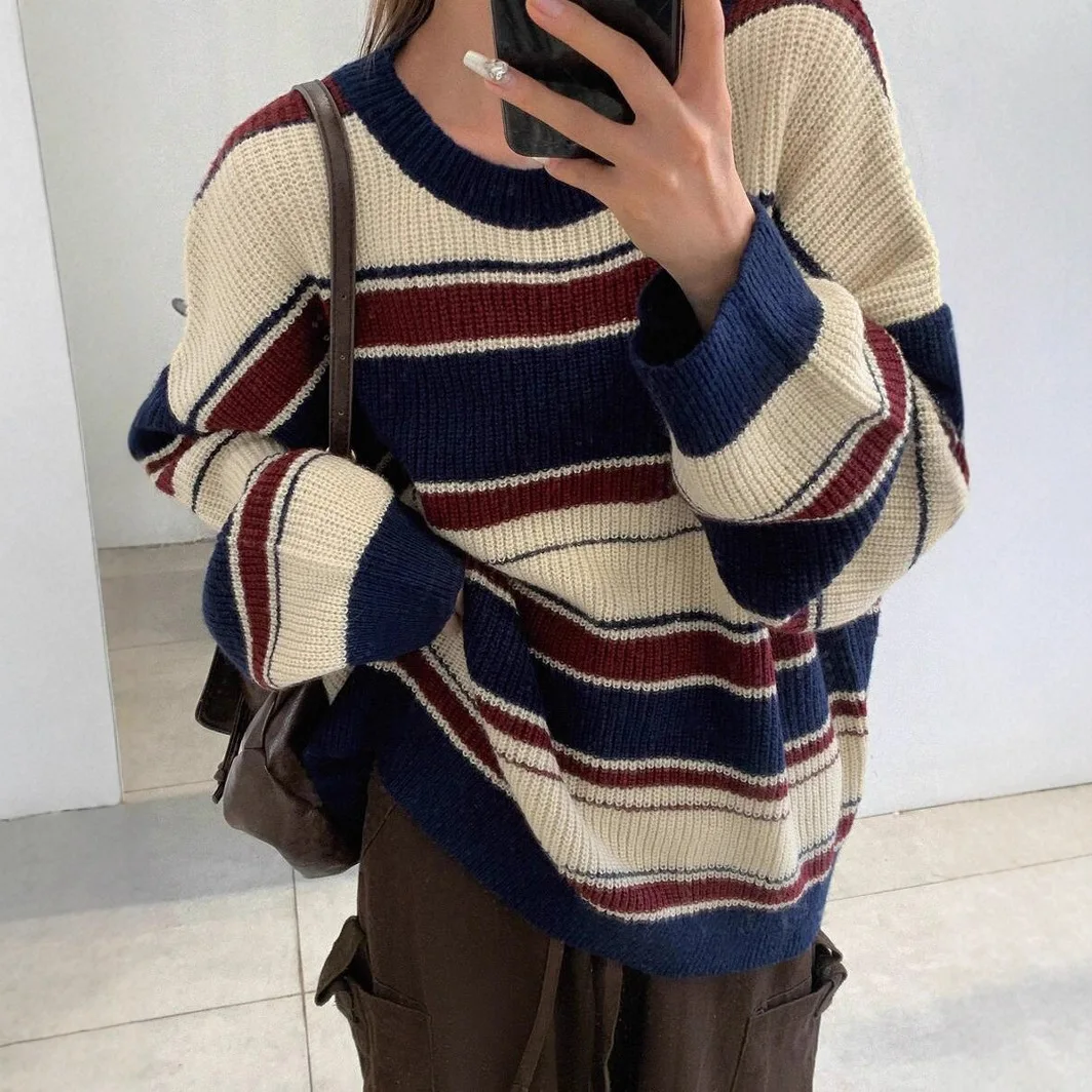 

Autumn Winter New Striped Sweaters Women Fashion Round Neck Long Sleeve Jumper Woman Streetwear Loose Knitted pullover Sweater