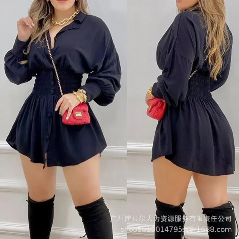 Spring Summer New Women\'s Clothing Black Turn-down Collar Waist Single-Breasted Shirt Dress