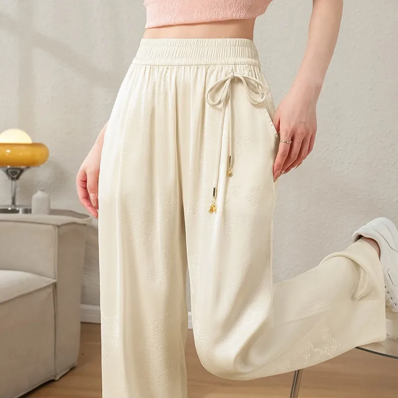 กางเกงขายาวผ้าไหมน้ำแข็งสำหรับฤดูร้อน ทรงขากว้าง ตัดตรง เอวยางยืด กางเกงซัมบ้า กางเกงลำลองผู้หญิง ผ้าใยโพลีเอสเตอร์ ทรงตรง...