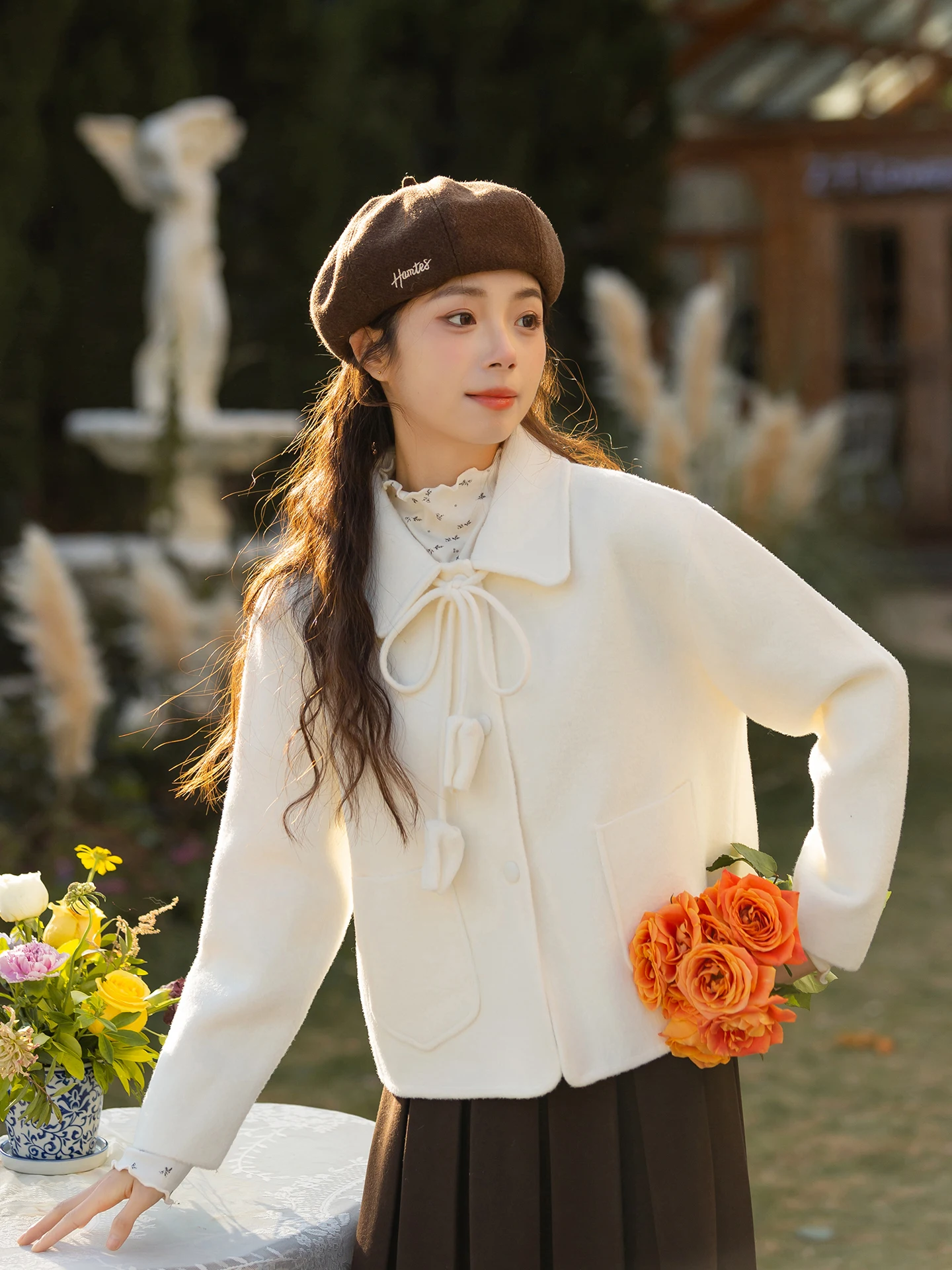 

Модное корейское зимнее пальто из белой шерсти с отложным воротником и открытым передом, однотонное, для миниатюрных женщин