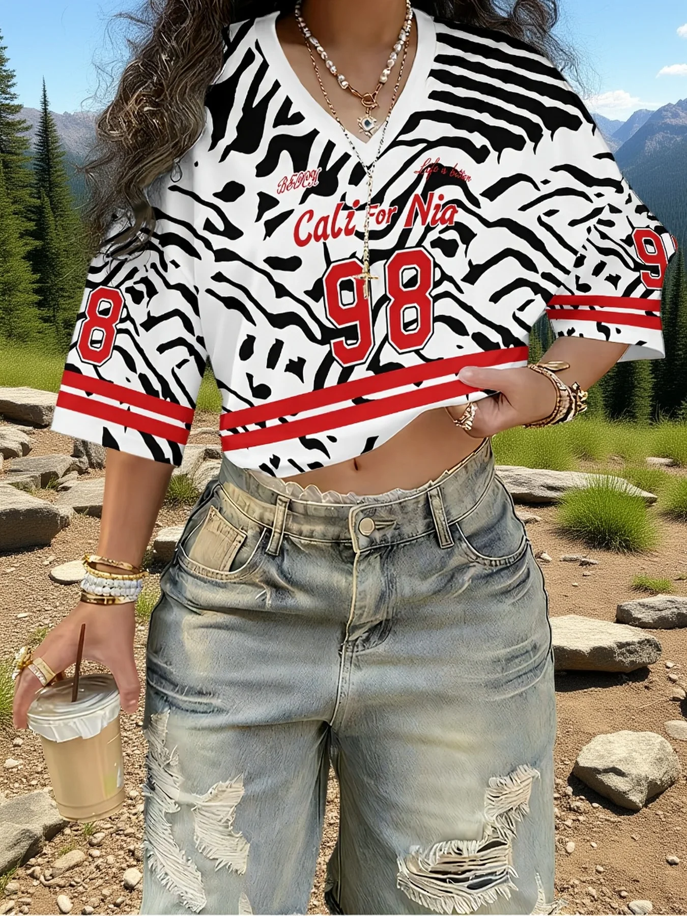 Summer Hot Selling Personalized Print Short V-neck Y2K Trendy Fashion Multiple Jersey Women's Personalized Sports T-shirt