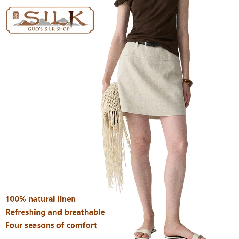 

Натуральная льняная женская короткая юбка-полуплатье с коротким рукавом и завышенной талией для летнего отдыха на природе: комфортная, прохладная и дышащая