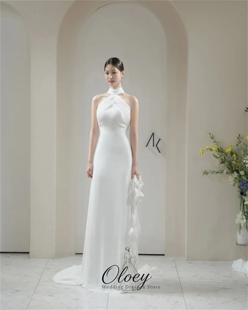OLOEY Stylish Halter Chiffon Korea Wedding Dress Photo Shoot Sleeveless Mermaid With Long Sash Outdoor Bridal Gown Customized