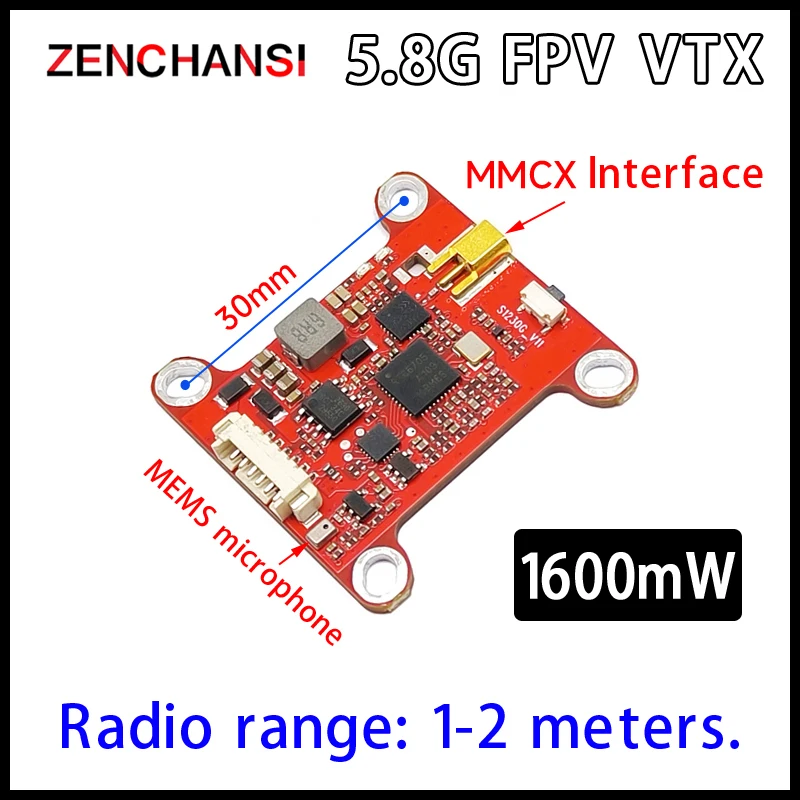 RXCRC 5.8G 48CH 1.6W Transmitter PitMode 200mW/500mW/800mW/1600mW Adjustable VTX 2-6S built in MEMS Microphone for RC Plane