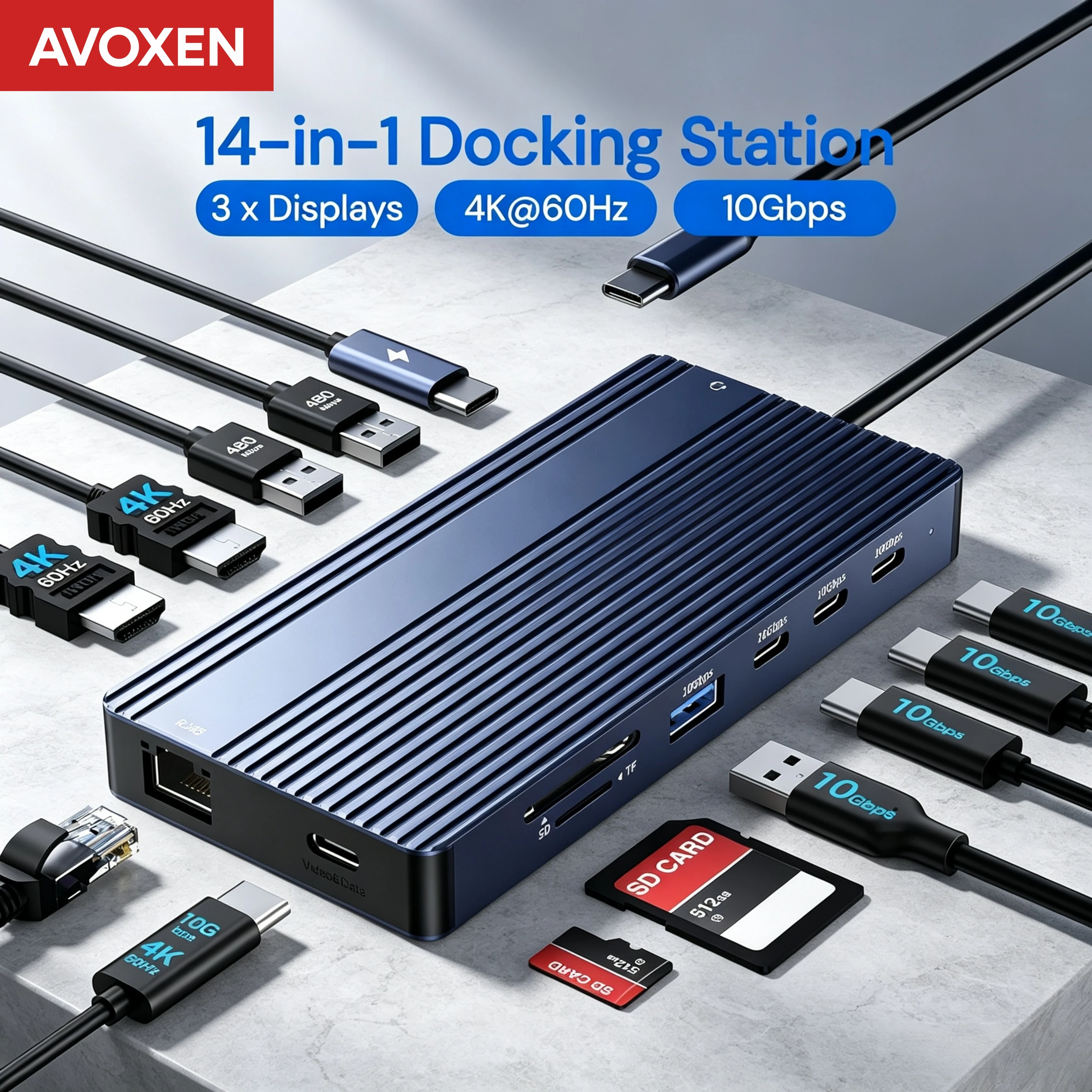 USB C Docking Station Dual HDMI DP Alt Mode 4K 60Hz LAN Triple Display Video Output 10Gbps 100W PD Audio Card Reader for Laptop