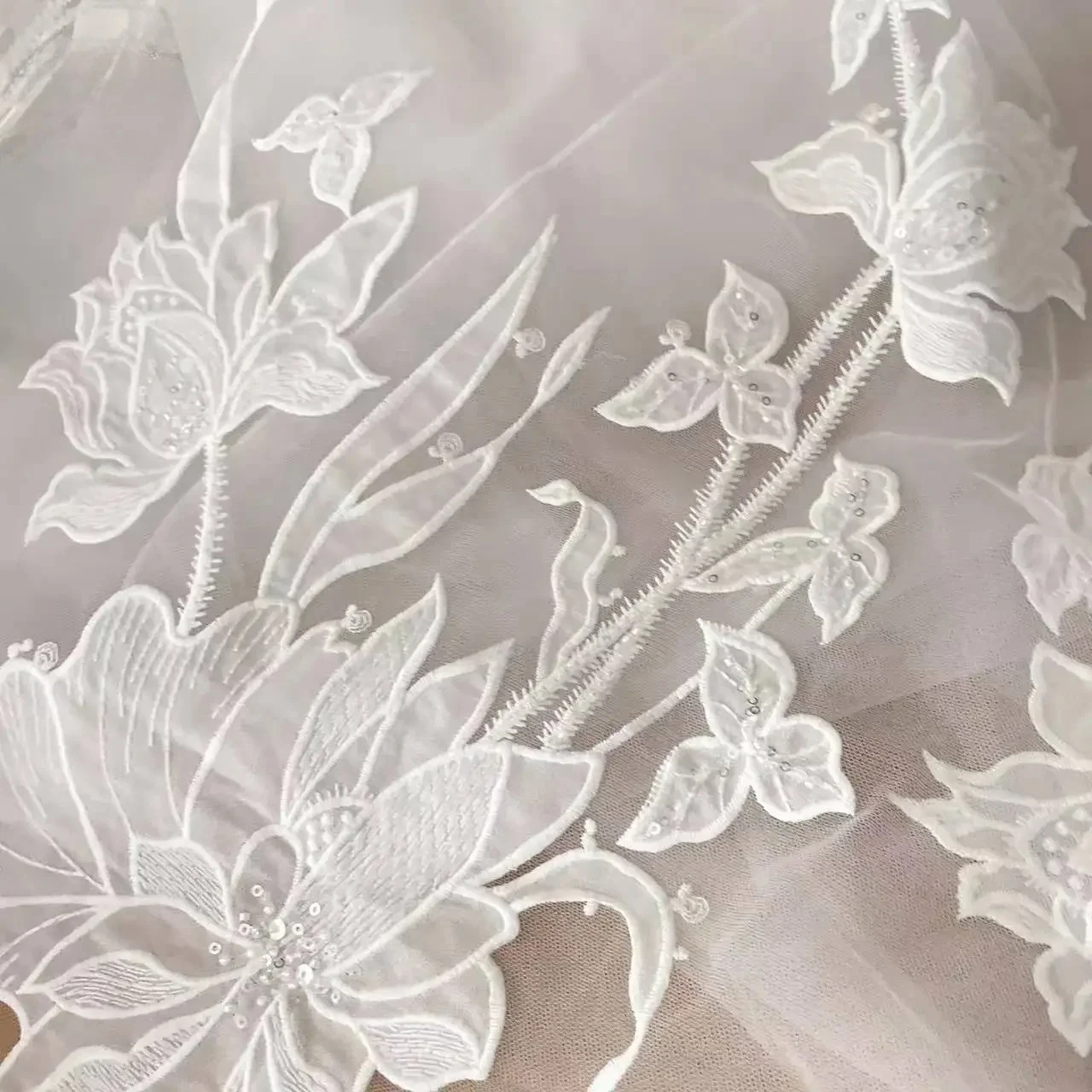 New Big Lotus Flowers Leaves Beaded Sequin Wedding Dress, Advanced Custom-Made Sewing, Fabric Petals, 3D Bridal Lace Fabric