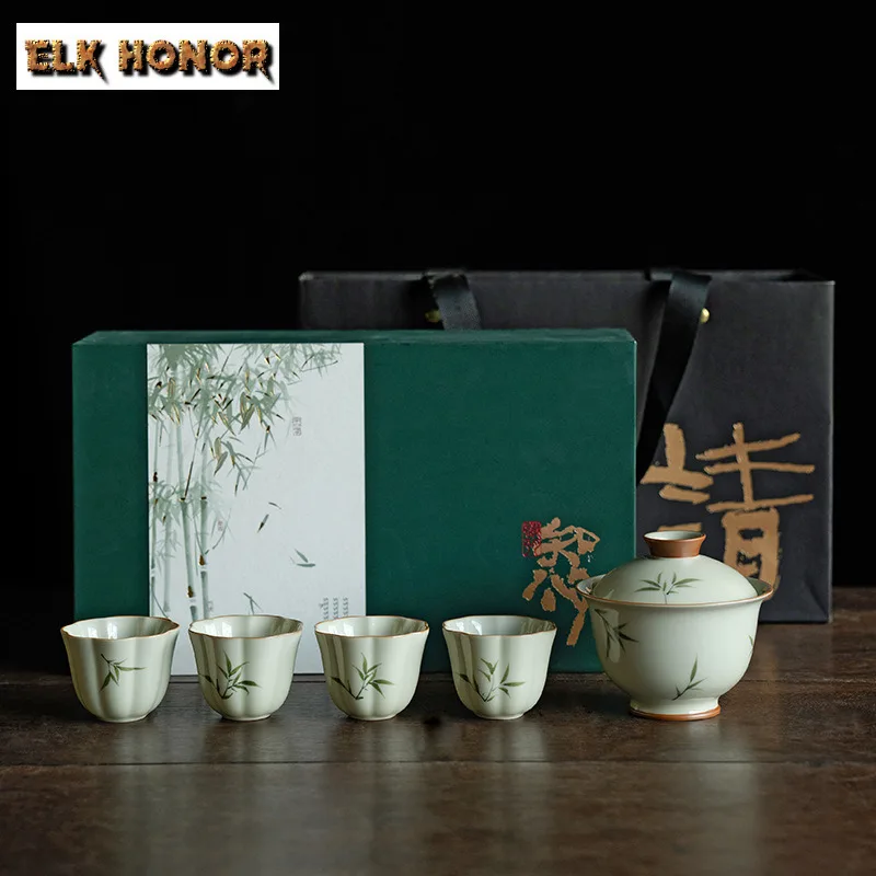 

Hand Drawn Bamboo Covered Bowl Tea Set Complete Set Japanese Tea Ceremony Set Household Gaiwan And Tea Cup Set Craft Gift Box