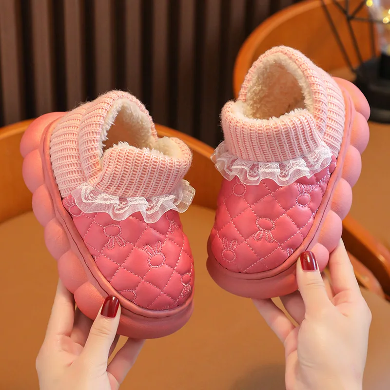 PU Waterproof Plush Kid Cotton Shoe Winter Warmth Boy Girl Shoe Anti Slip Cartoon Home Shoe Soft Soles Cotton Slippers Kid Shoe