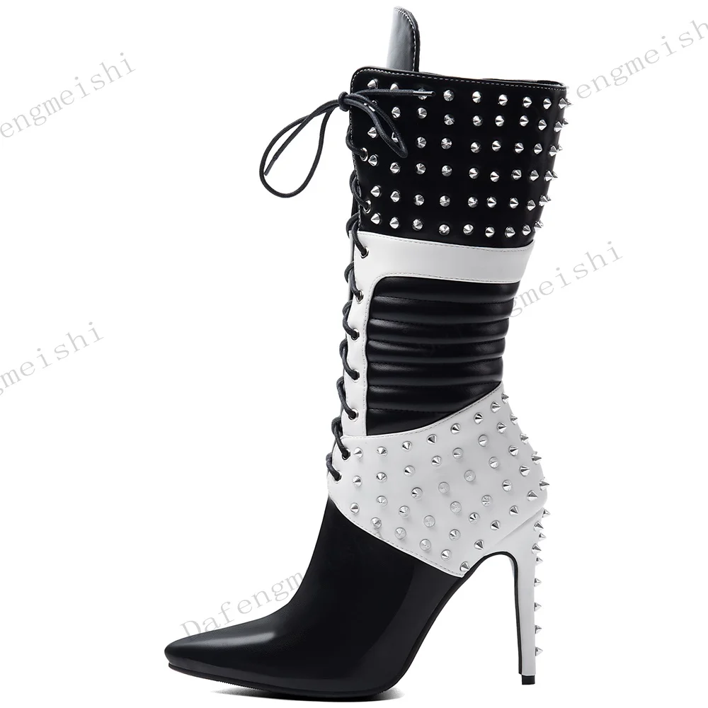 Black White Color Block Rivet Knee High Boots Front Lace Up Pointed Toe Stiletto Heels Side Zip Women Punk Street Fashion Boots
