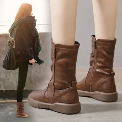 Women Ankle Boots Ladies Shoes Slip on Mid Calf Boots Platform Soft PU Leather Long Boot Footwear Woman Fashion Autumn Winter