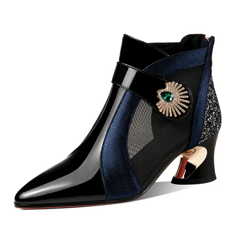 

Women Mesh Breathable Ankle Boots Back Zip Green Diamond High Heels Pumps Summer Short Botas Blue Black Pointy Toe Stilettos 40