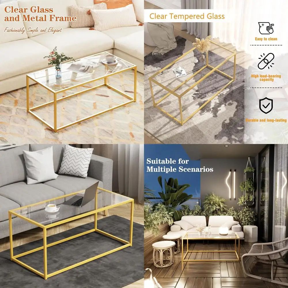 

Modern Clear Glass Coffee Table with Gold Metal Frame for Small Living Spaces, Simple Design for Easy Assembly